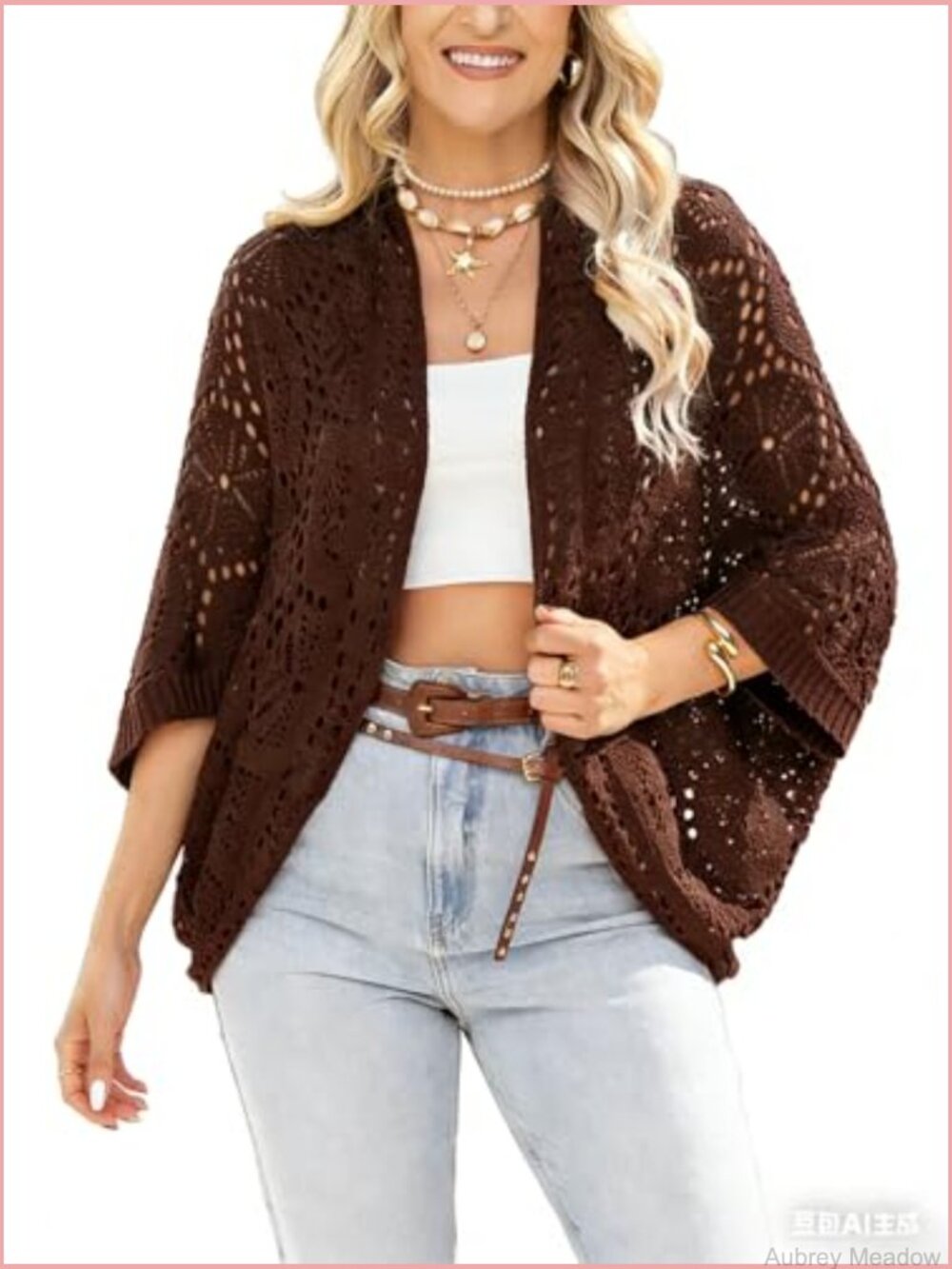 Lightweight Crochet Cardigan Open Front 3/4 Sleeve Boho Kimono Beach Cover Up - Picture 4 of 7